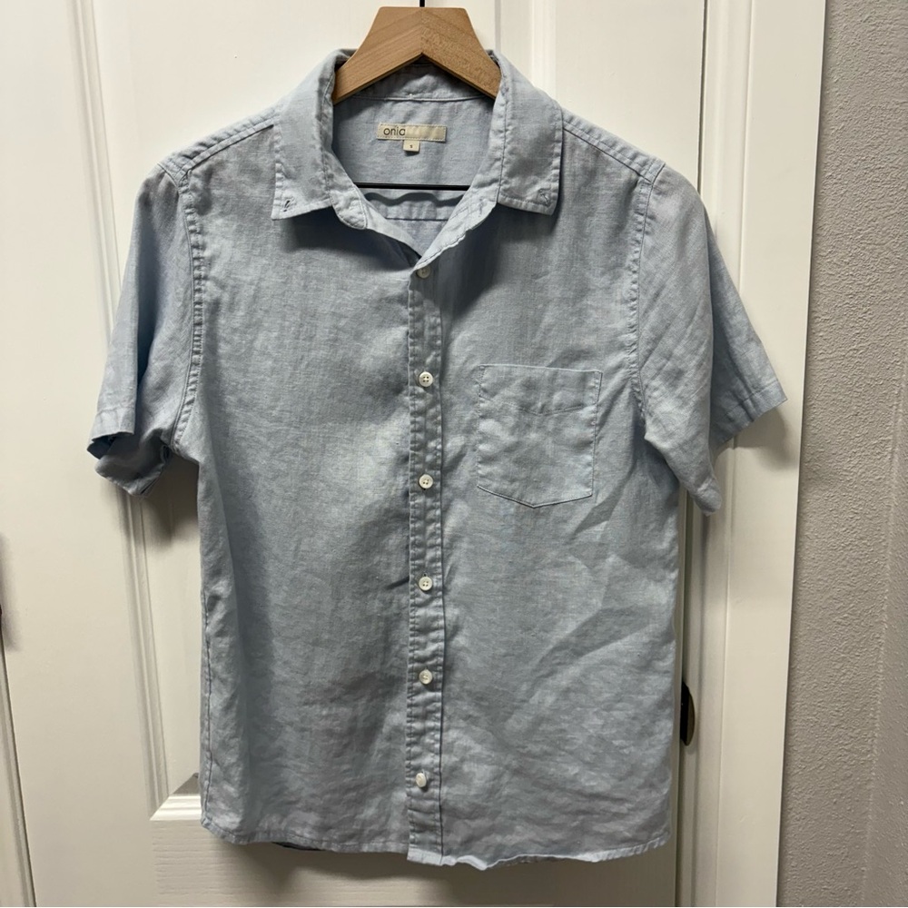 Onia Short Sleeve 100% Linen Button Down Cool Blue Men's Size S Collared Shirt
